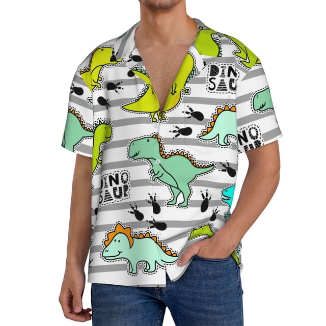 Fotbe Funny Dinosaurs on Stripes Camisa Estampada de Manga Corta para Hombre, Casual de Verano, Estilo Playero, Sin Arrugas-4X-Large
