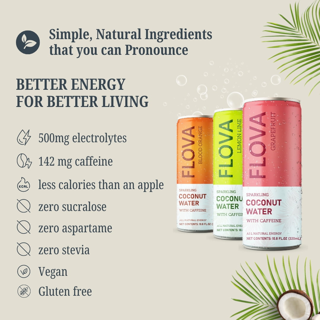 Flova Blood Orange Energy Drink, All Natural, Electrolytes and Minerals from Coconut Water, 4 Simple Easy to Pronounce Ingredients, 99% Juice, Pack of 12 Cans