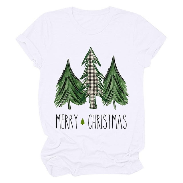 Haut de Sapin de Noël Femme Décontracté Col Rond Manches Courtes T-shirt Imprimé Sapin de Noël Haut