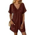 thumbnail image 4 of Burgundy Wine Pleated Straight Leg Plain Casual Shorts for Ladies Fall Summer Faux Linen Loose Fit Overalls Shortalls Shorts One Piece Womens 2025 Clothing M, 4 of 8
