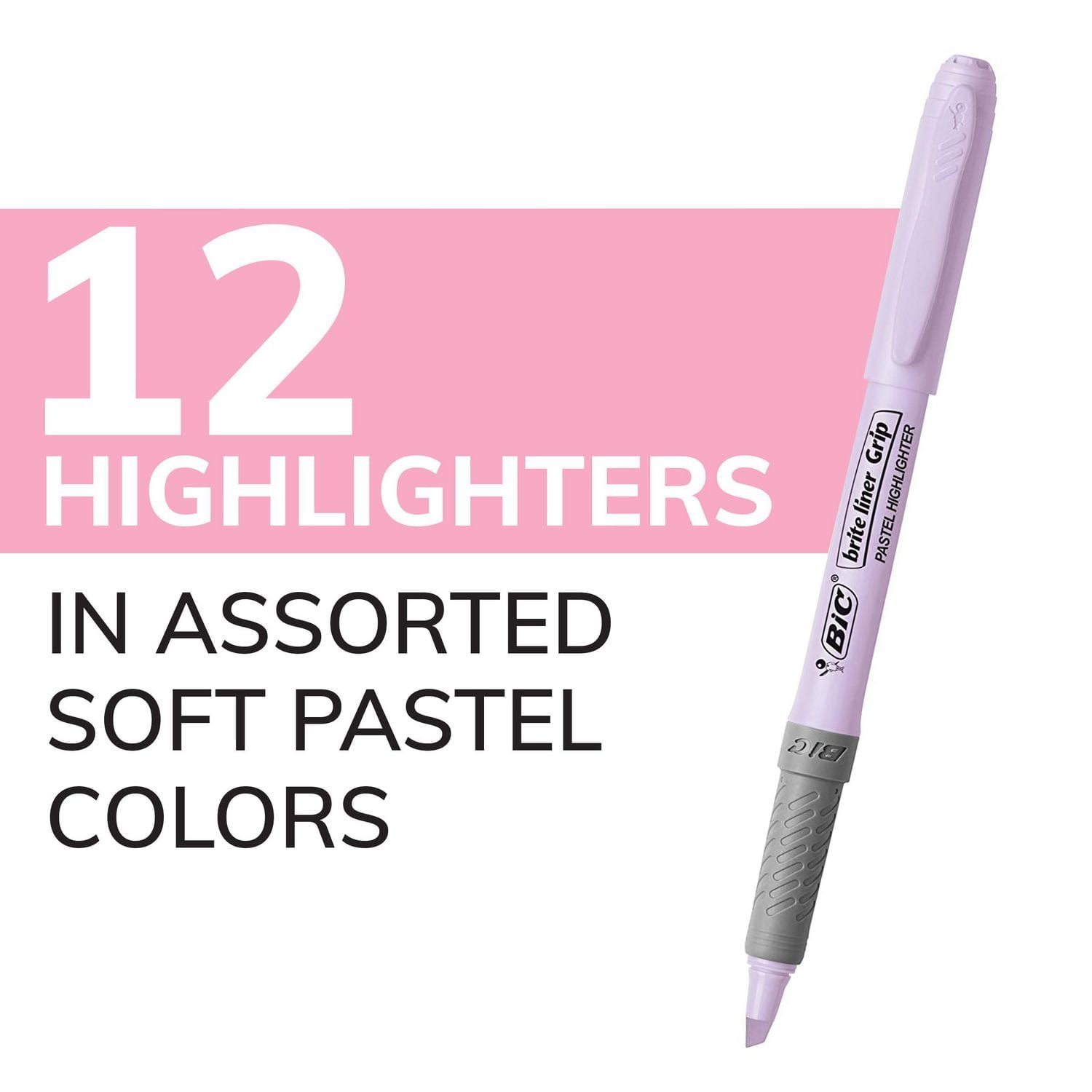 Ensemble de surligneurs pastel grip BIC Brite Liner, pointe biseaute, bote de 12 surligneurs pastel de couleurs assorties, jolis surligneurs pour la rdaction de carnets, la prise de notes, etc.
