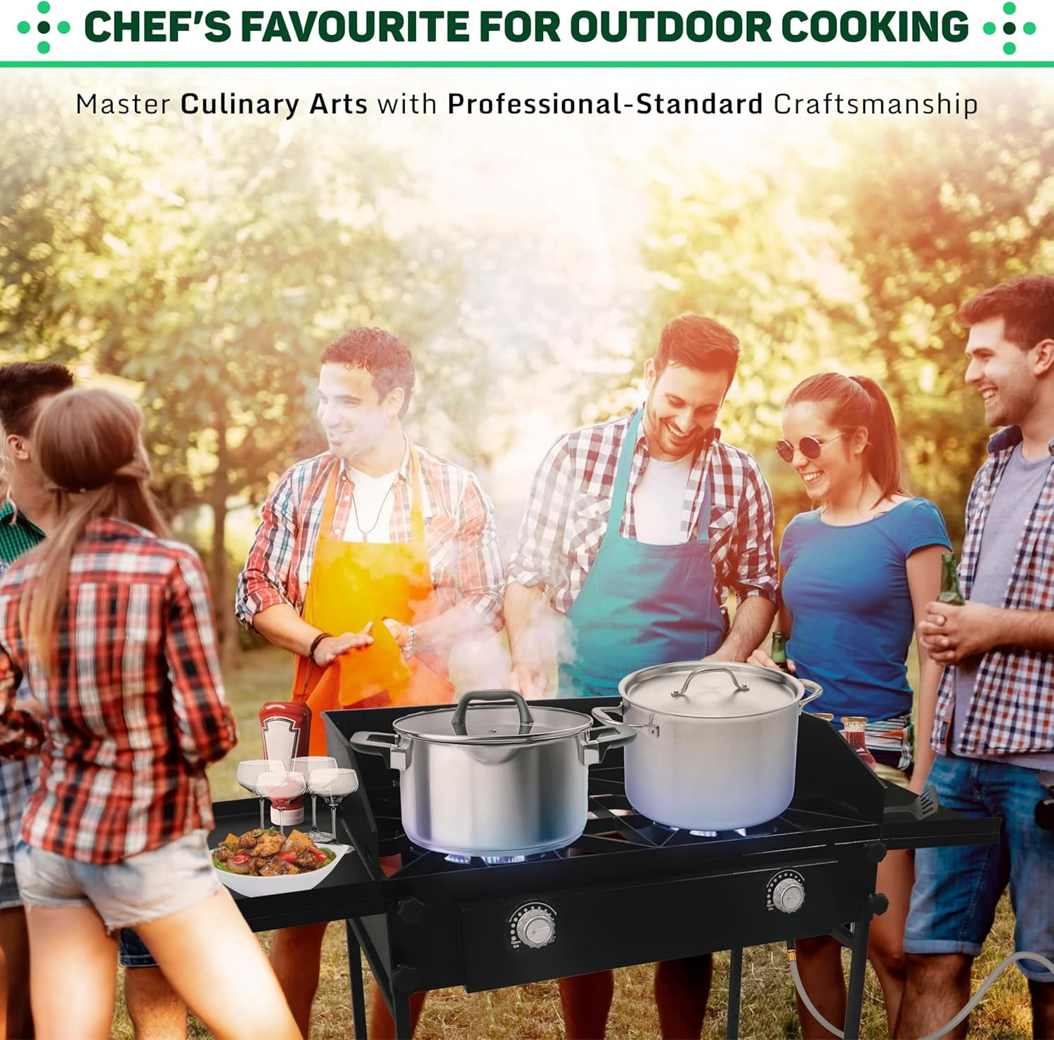 SONRET - Double Burner Propane Outdoor Gas Stove - with Dual Side Shelf & Wind Panel