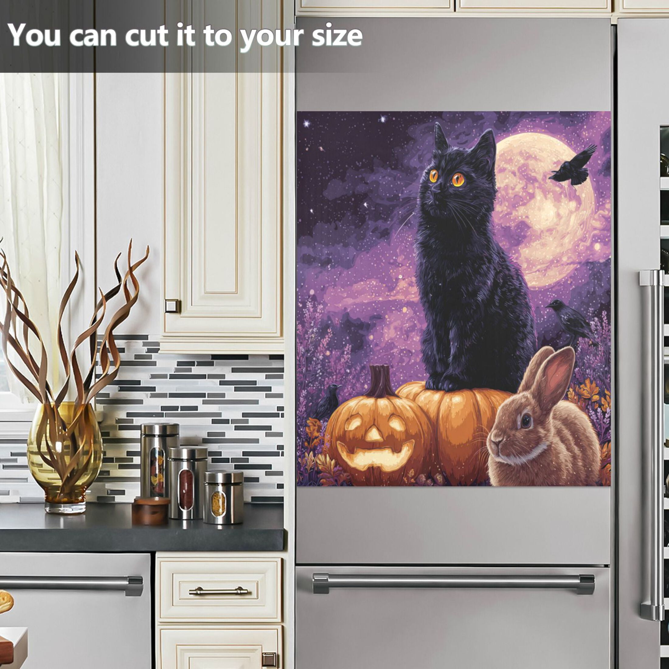 Dishwasher Magnetic Refrigerator Magnet Cover Sticker Home Decorative 23"x26" Black Cat Rabbit and Crows