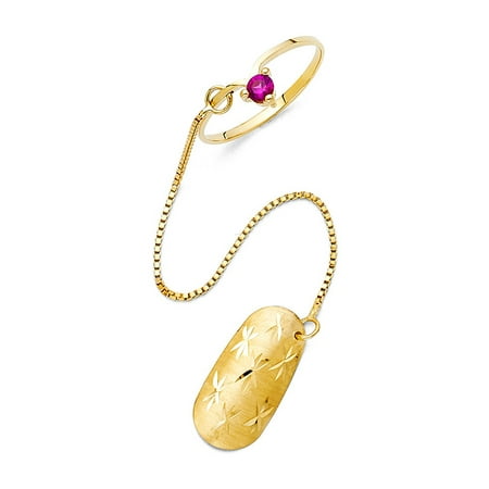 - Solid 14k Yellow Gold Nail Ring with Chain CZ Fashion Band Diamond Cut Stylish Polished Fancy