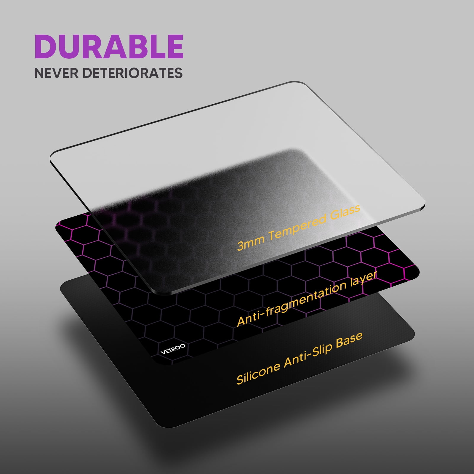 Vetroo GMP300 Tempered Glass Gaming Mouse Pad, Micro-Etched 3mm Tempered Glass with Silicone Anti-Slip Base, Multi-Layer Curing, Smooth Operation for Esport & Work - Black
