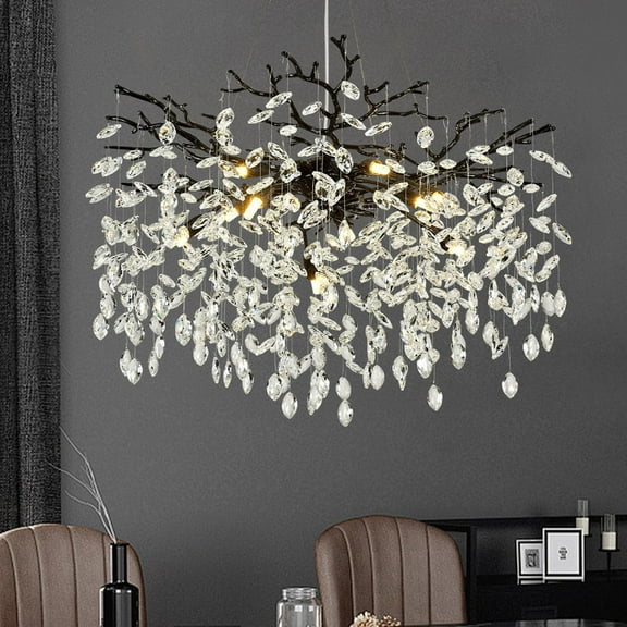 SJIGUANGZ Crystal Chandelier, 23.6" Modern Industrial Raindrop Black Round Farmhouse Tree Branch Light for Dining Room, Living Room, Kitchen Island, Bedroom, Entryway