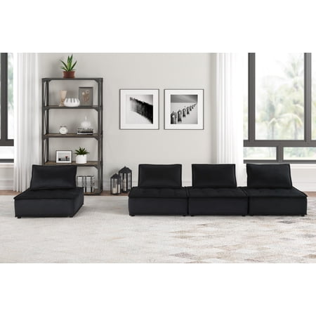 Aveline 120"W Black Velvet 4 Pc Modular Sofa
