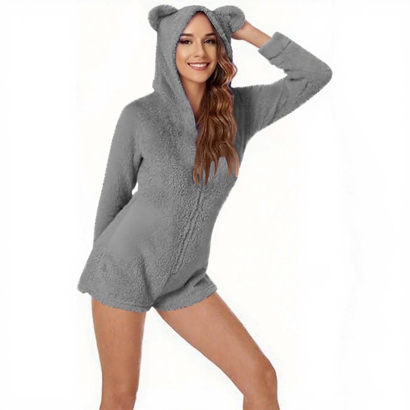 Womens Long Sleeve Onesies Pajamas Fuzzy Zip-Up Hooded Romper Warm Short Playsuit Jumpsuit Fleece Sherpa Sleepwear Gray, S