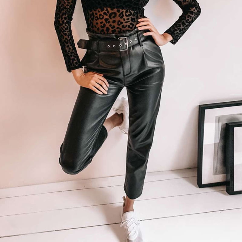 Fashion Women PU Leather Pants Straight 