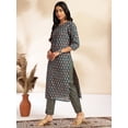 thumbnail image 4 of Janasya Indian Women's Teal Cotton Paisley Printed Kurta with Pant Set, 4 of 5