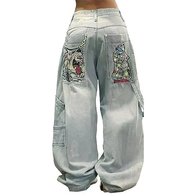 Baggy Jeans Women Men Hip Hop Goth Street Y2k Jeans with Skeleton Print Vintage High Waist Denim Wide Leg Pants Street Wear(Color-1,Small