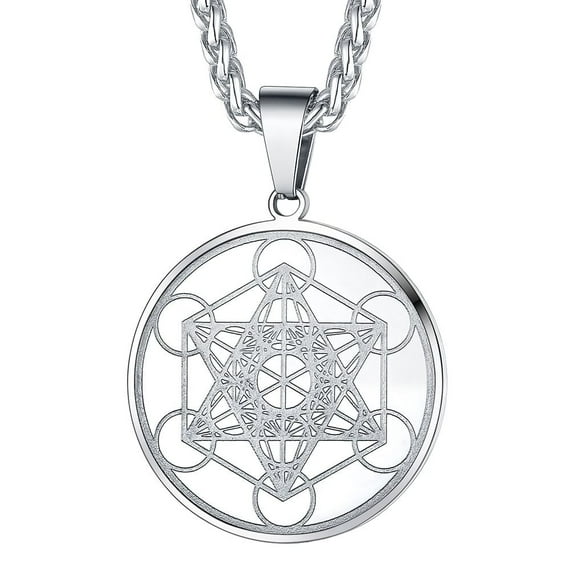 FaithHeart Metatron's Cube Necklace for Men Women Stainless Steel Sacred Geometric Pendant Spiritual Protection Medal Jewelry Gift for Dad Grandpa Fathers Day Christmas