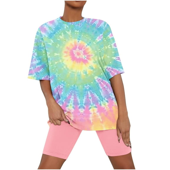 Jamicy Sleepwear for Plus Women Colorful Printed Round Neck Summer Short Sleeve Top with Shorts Loose Casual Woemn's Pajamas Set Home Wear Pink