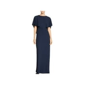 Halston Womens Cape Sleeve High Neck Evening Dress Blue 4
