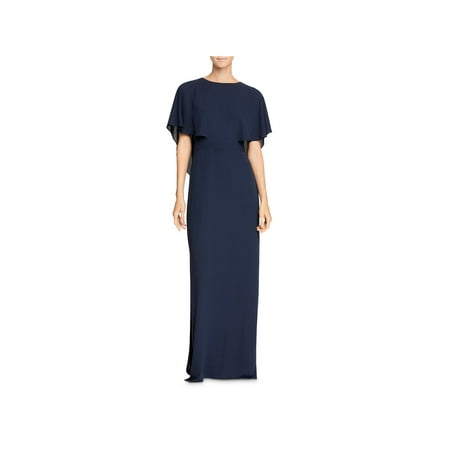 Halston Womens Cape Sleeve High Neck Evening Dress Blue 4