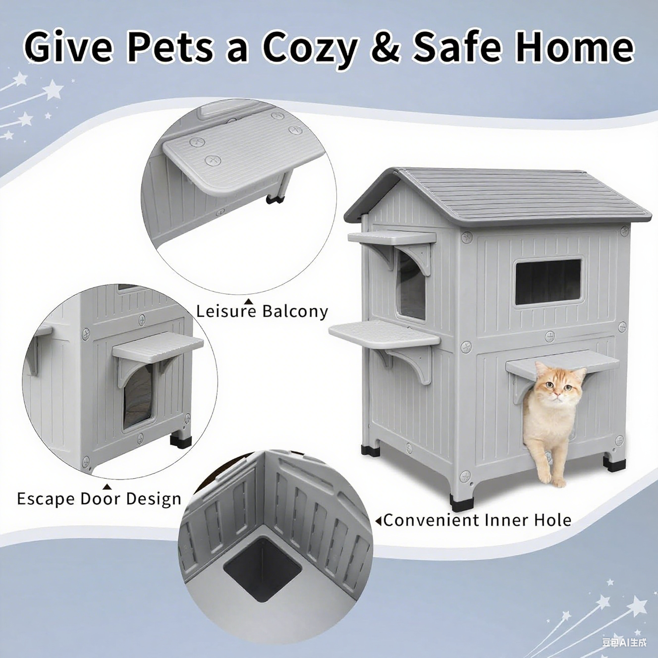 Plastic Cat House Outdoor Weatherproof Cat House for Winter, 2 Story Cat Houses Large for Multiple Cats Outside Cat Shelter, Spacious, Clean Easily