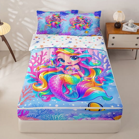 Homewish Watercolor Cartoon Mermaid Zipper Twin Comforter Sets with Fitted Sheet and 2 Pillowcases,Ocean Animals Zipper Bedding Set For Girls Kids,Reversible,4-Piece
