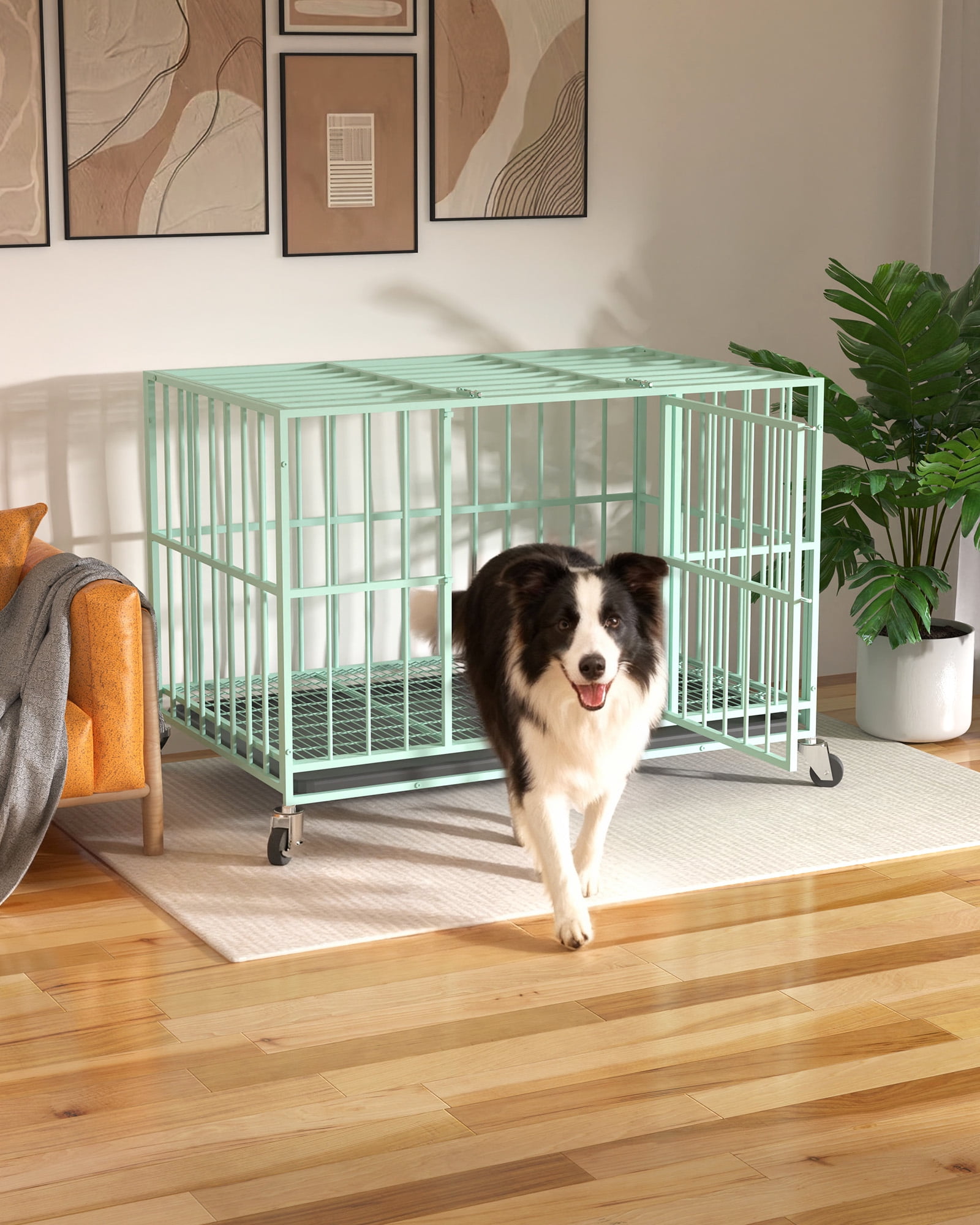 TIME RAY 48 Inch Heavy Duty Indestructible High Anxiety Dog Crate Cage for Large Dog with Steel Escape Proof, Double Doors,Lockable Wheels and Removable Tray,Green