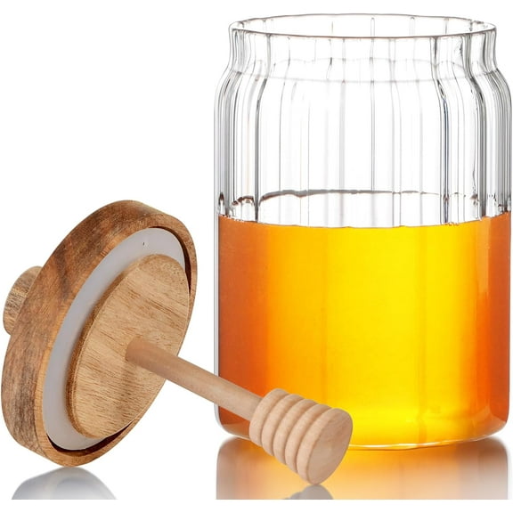 NUTRIUPS 18.5oz Glass Honey Jar with Dipper Stick and Wooden Lid, Honey Pot with Wooden Dipper, Airtight Honey Containers with Dipper