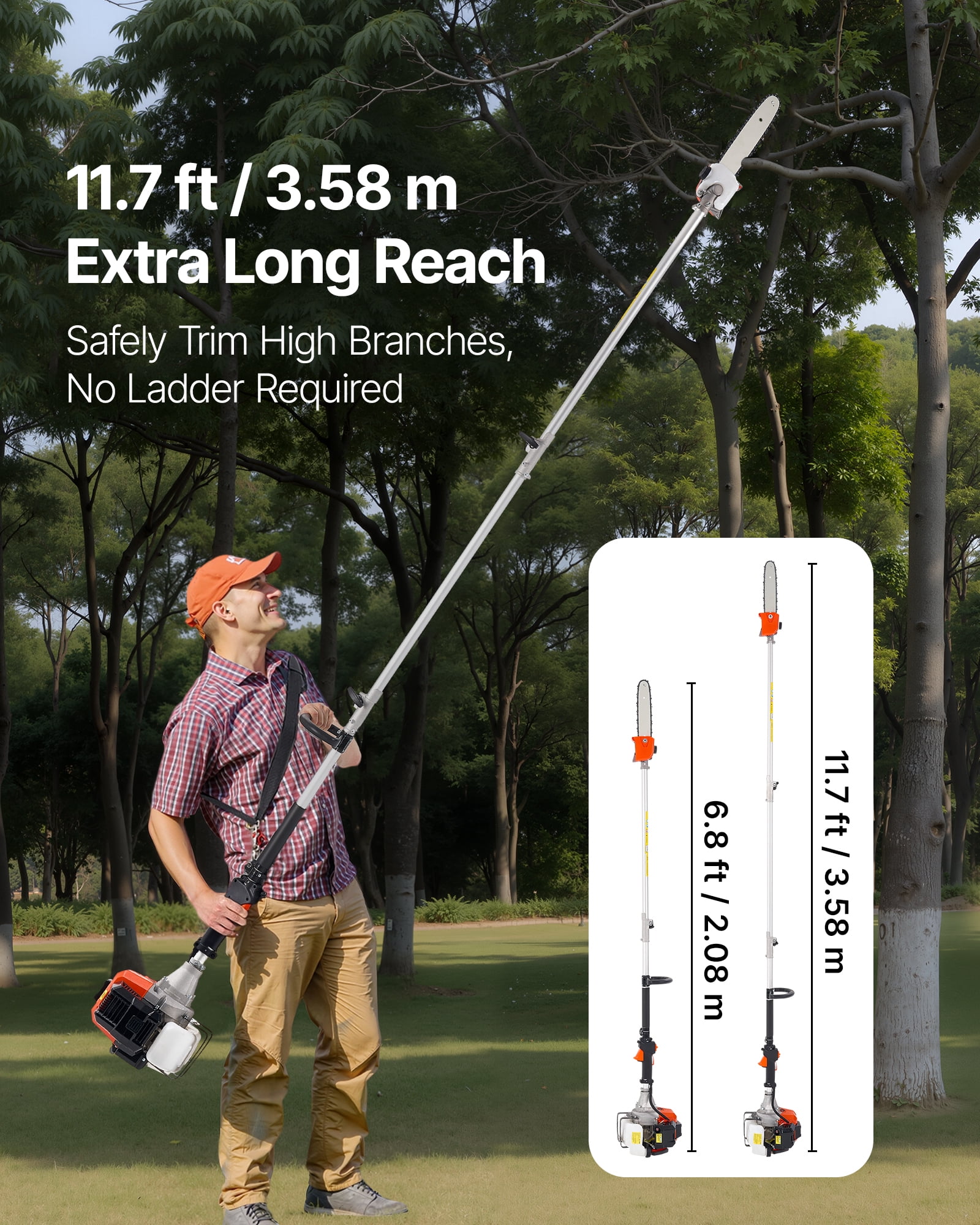 VEVOR Gas Pole Saw, 43CC 2 Stroke Gas Powered Pole Saws with 10 in Cutting Bar, Cordless Tree Trimmer with 30 fl.oz Fuel Tank, 6.8 to 11.7 ft Extendable, Powerful Chainsaw for Tree Trimming Pruning