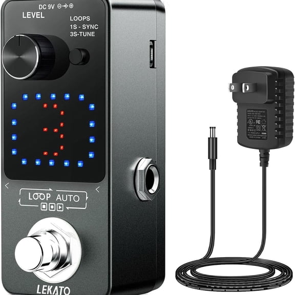 LEKATO Looper Pedal, Guitar Looper Pedal Set with 9V 0.6A Pedal Power Supply Adapter and USB Cable, Guitar Effect Looper Pedal with SYNC & Tuner Function Loop Pedal 3 Loops 18 Minutes Record Time Chr