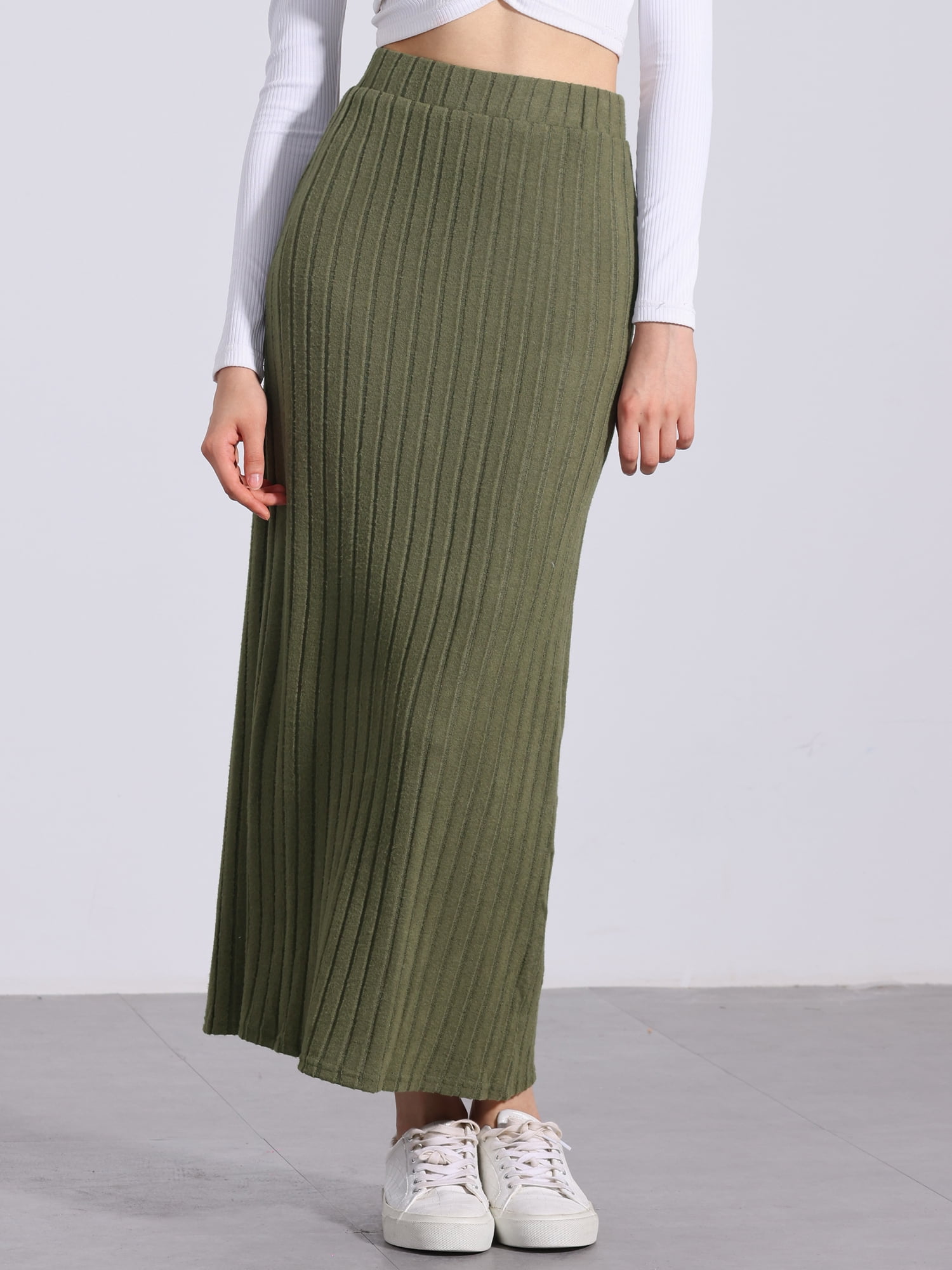 DARING DIVA Women's High Waisted Long Skirt Slit Bodycon Knit Pencil Skirt S Army Green