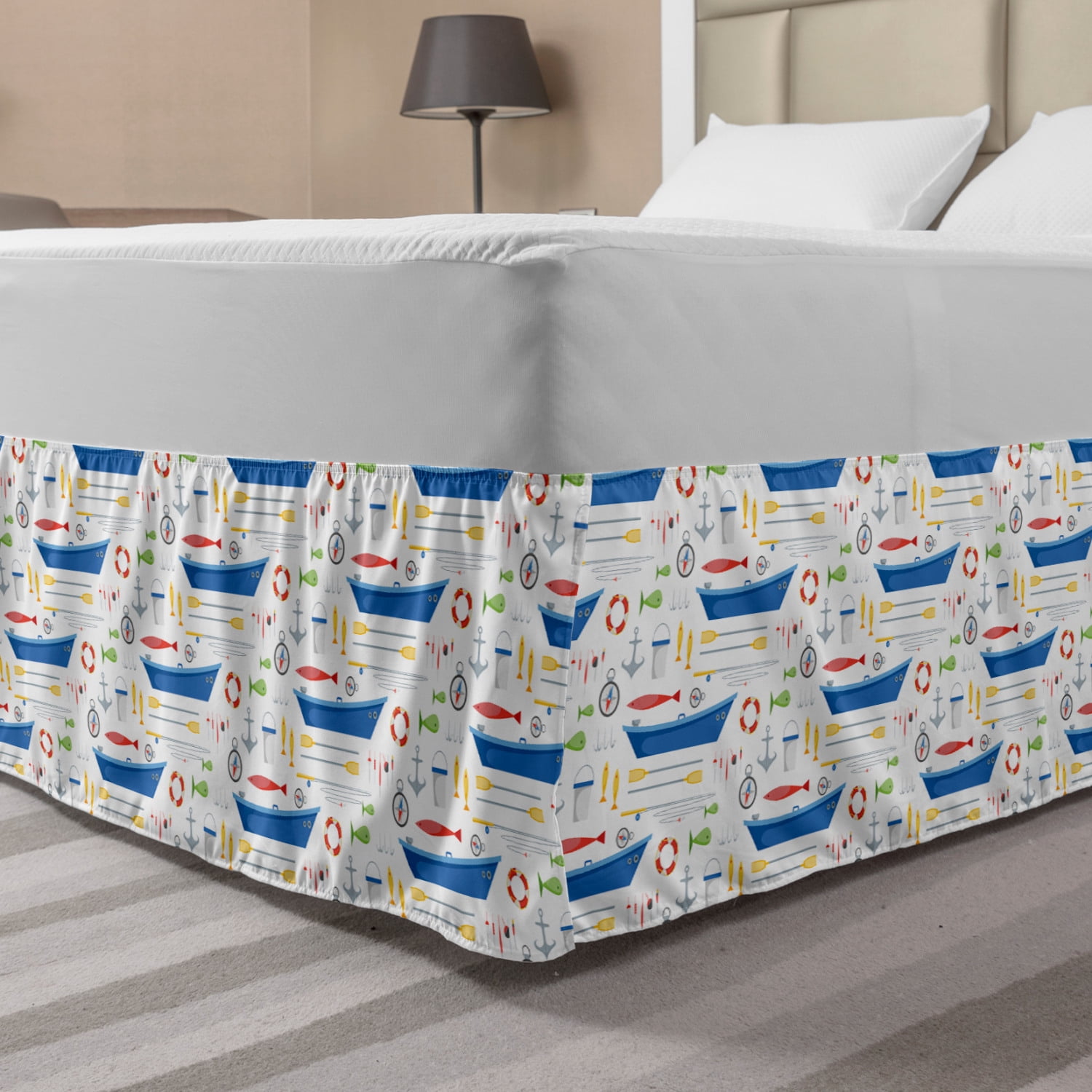 Marine Bed Skirt, Cartoon Style Fishing Themed Illustration with Rods