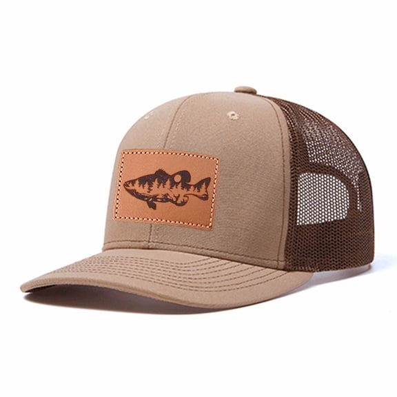 Largemouth Bass Scene Leather Patch Embroidered Color Block Trucker Hat Unisex Adjustable Cotton Breathable Fashion Cap for Travel Daily Wear