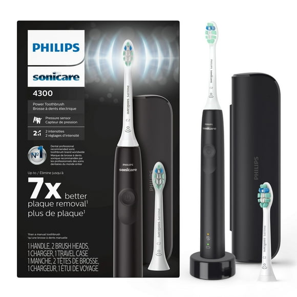 Philips Sonicare 4300 Power Toothbrush, Rechargeable Electric Toothbrush with Pressure Sensor, 2 brush heads, and Travel Case, HX3684/24