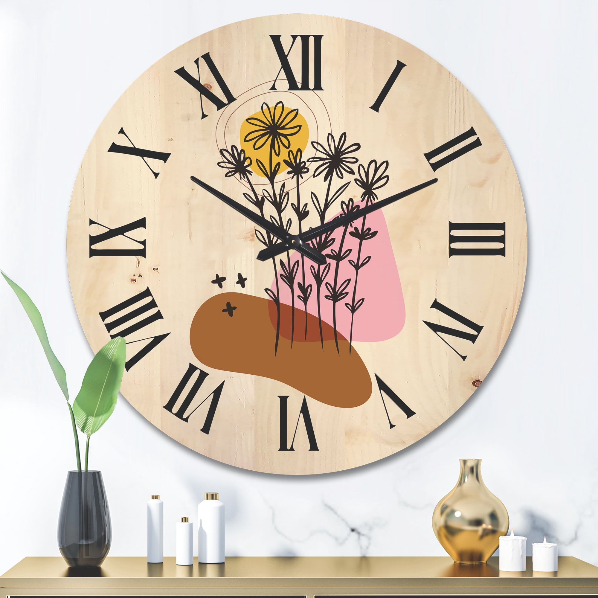 Designart 'Abstract Flowers Plants With Elementary Shapes I' Modern Wood Wall Clock