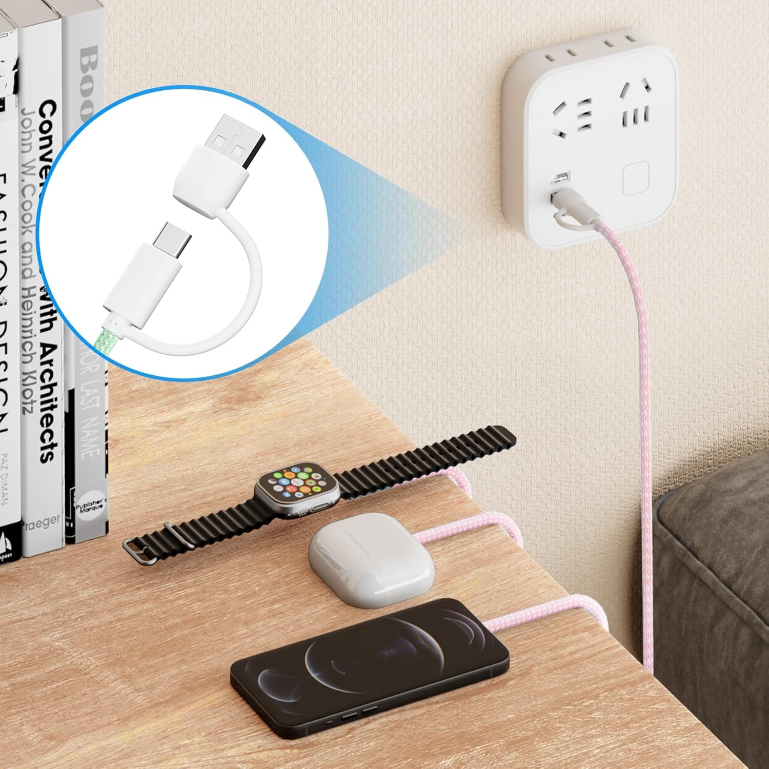 Charging USB C Watch Phone Charger 3 in 2 Cable, Compatible with Apple Watch Ultra SE Series 1-8, Universal Travel Multi Devices All in One Cord, 4FT/1.2M-Blue