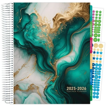 Aug 2025-2026 Deluxe Teacher Planner Notebook 8.5x11 Daily Weekly Monthly Organizers with 7 Periods, Pocket Folder, Dated Calendar, Page Tabs, Bookmark and Planning Stickers, Teal Gold Marble