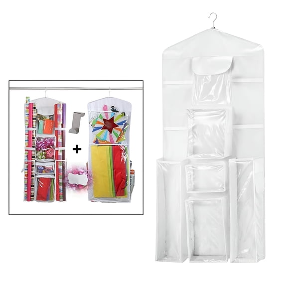 LAMIRO Double Sided Hanging Gift Wrap Organizer,Large 17" X 40" Wrapping Paper Rolls Storage Bag,Space Saving Closet Storage Bag Organization White