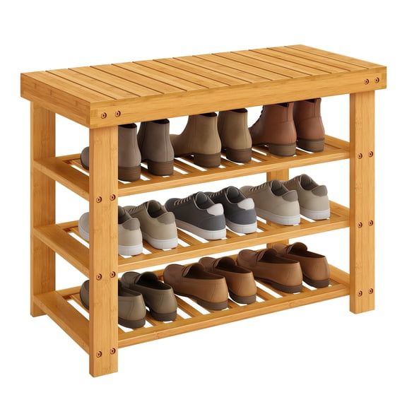 SONGMICS Shoe Rack Bench, 3 Tier Bamboo Shoe Storage Organizer, Entryway Bench, for Living Room, Bathroom, Bedroom, 11.3 x 27.6 x 20.5 Inches, Light Bamboo