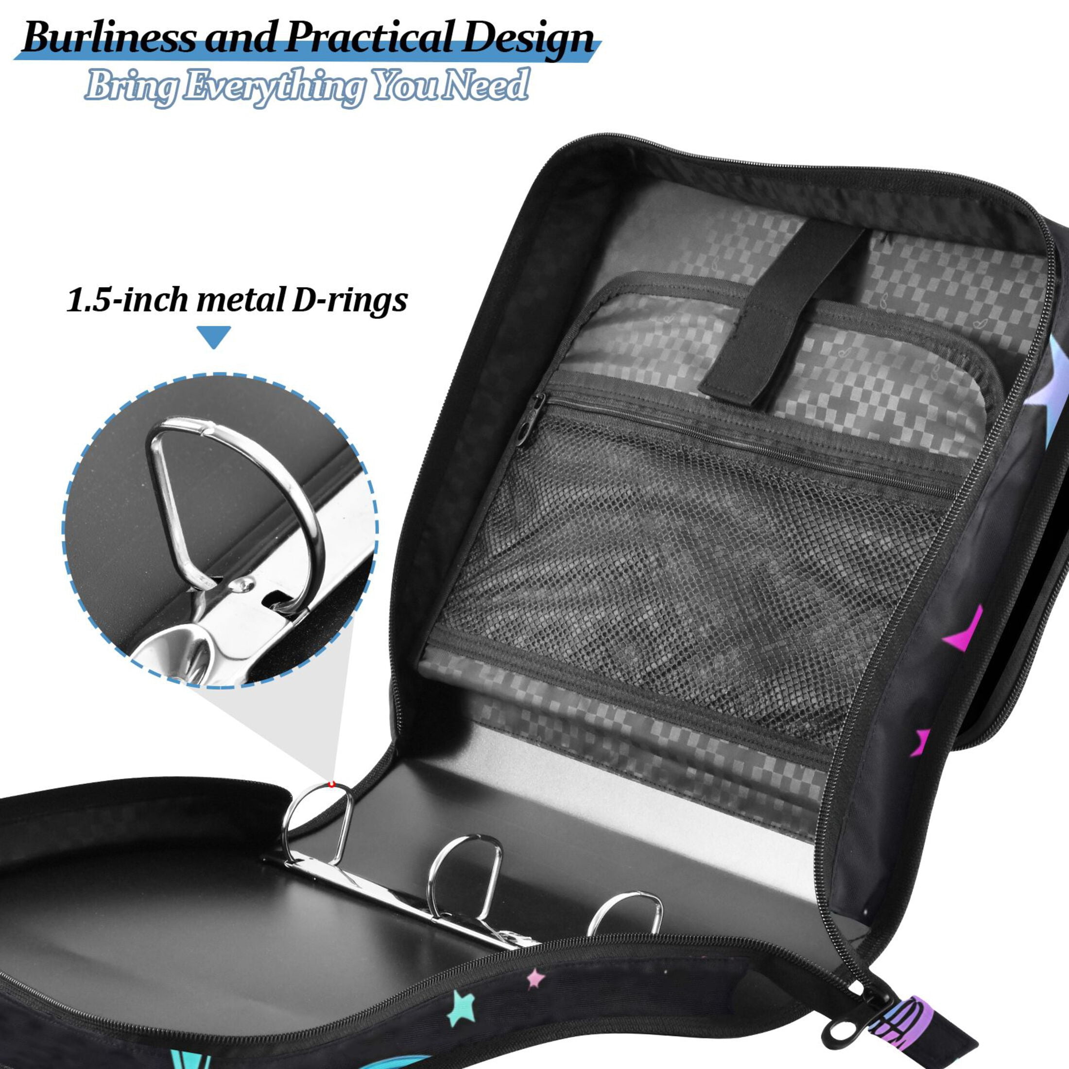 3 Ring Zipper Binder with Shoulder Strap Waterproof Trapper Keeper 2 Inch D-Ring 500 Sheets Capacity Neon Skulls and Stars