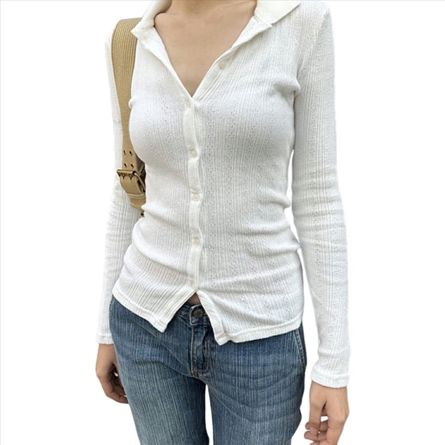 Camisas de Larga para Mujer, Blusas Informales con Botones, Atuendos Casuales L