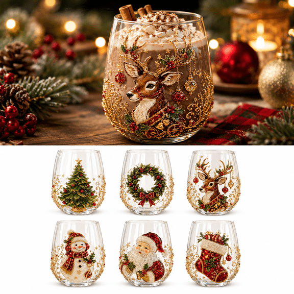 3D Christmas Glass Art Cup, Santa Claus 3D Raised Holiday Glassware, Stemless Wine Glass for Coffee Tea Milk Juice, Christmas Party Drinkware Gift, Style A