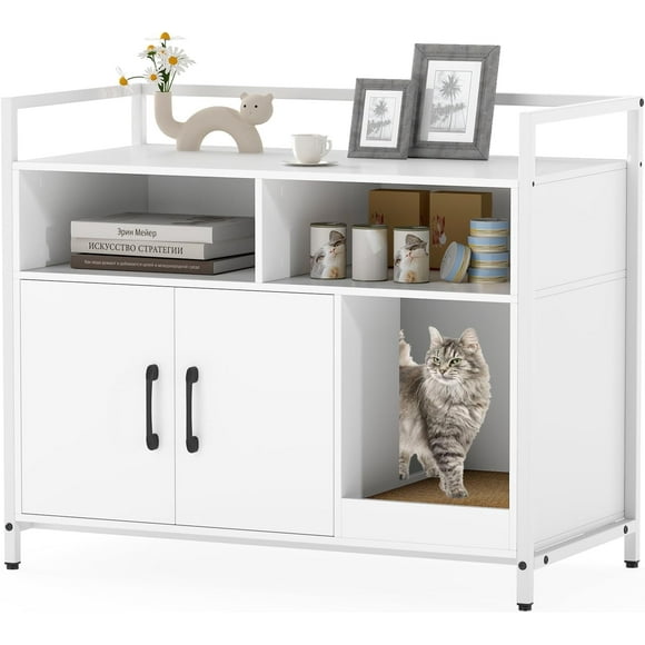 JJUN Cat Litter Box Enclosure - Cat Washroom Hidden Furniture with Front Entry, Scratcher, 2-Door Storage Cabinet, 2 Compartments, Air Vents, Metal Frame, Wooden Pet Crate House (White)