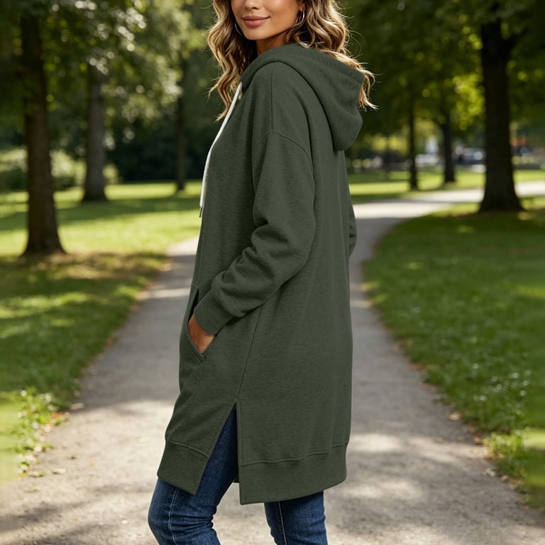 army green hoodie dress Oversized for Women Long Sleeve Pullover Split Hem Hooded Sweatshirt with Pocket Casual Fall Winter Outfit M sparkly formal dress