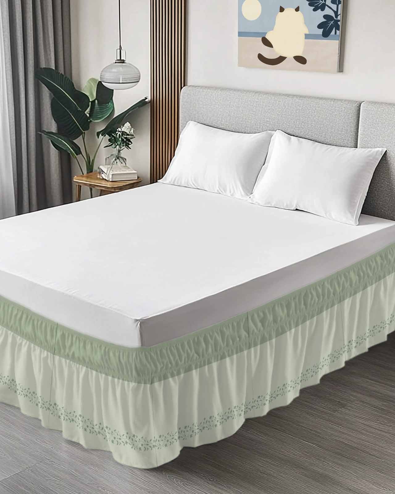 Spring Leaf Bed Skirt Queen Size 18 Inch Drop, Spring Sage Green Leaf Branch Plant Green Background Adjustable Elastic Dust Ruffles Bedskirt for Queen Bed Wrap Around Pleated Mattress Frame Cover