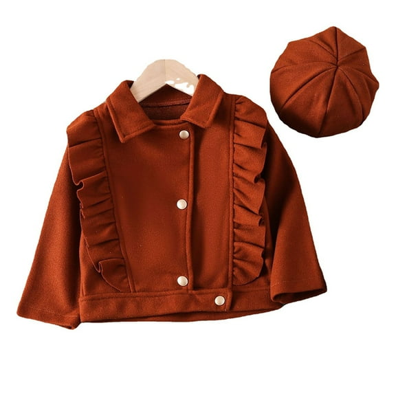 Godderr Toddler Baby PU Leather Jacket Outerwear for Girls,2-7T Girls Fashion PU Leather Motorcycle Jacket Kids Ruffle Edge Lapel Leather Button Short Outerwear with Hat