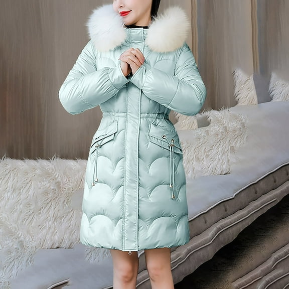 jtjvou Women Winter Jacket Parkas Glossy Down Cotton Jacket Hooded Parka Cotton Padded Jacket Outwear Green XXXL