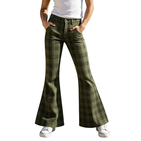 Glisme Little Girls Trousers Plaid Zip Front With Pockets Autumn Loose Fit Girls Flare Leg Pants Size 5-6 Years