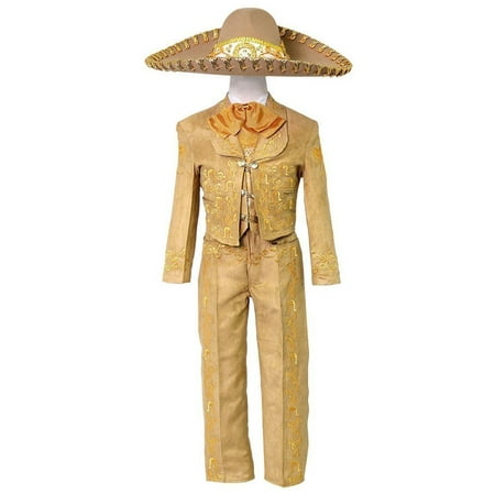Little Boys Tan Embroidered Mariachi Pants Jacket Hat Set