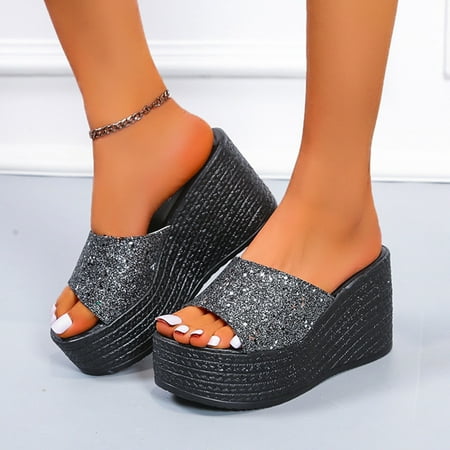 

XIAQUJ Ladies Fashion Sequined Fish Mouth Platform Wedge Casual Sandals Slippers for Women 2024 Grey 9