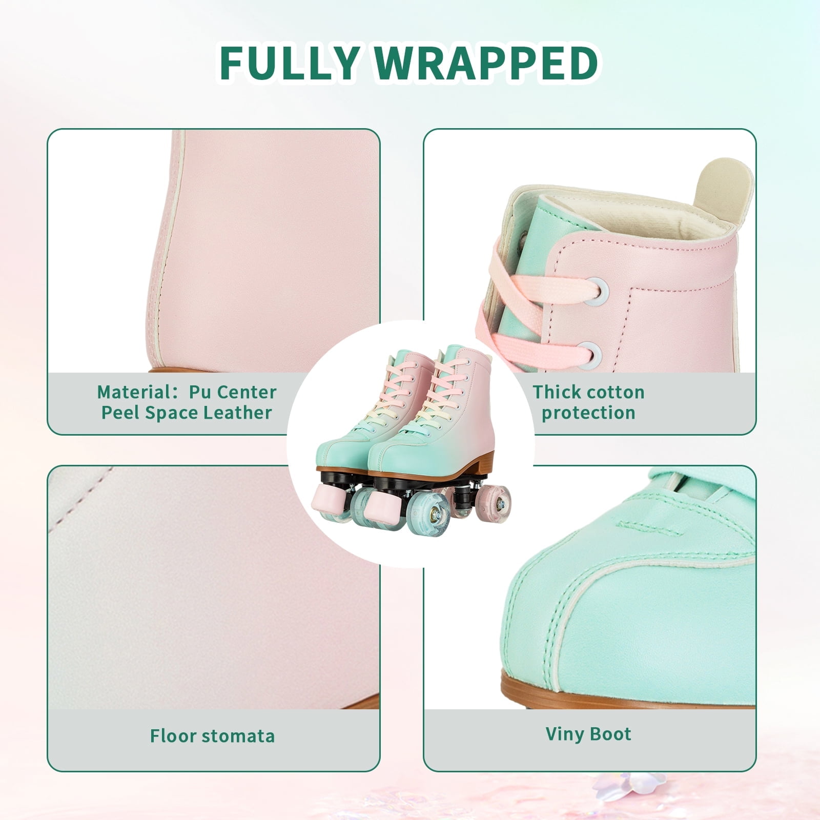 Roller Skates for Girls, Women Double-Row Quad Kids Roller Skates Beginners, Green & Pink Gradient, Size 8