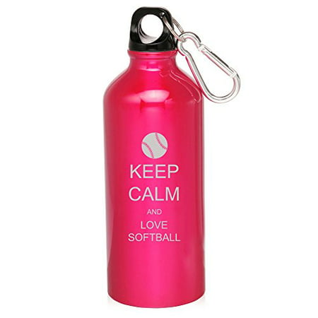 

20oz Aluminum Sports Water Bottle Caribiner Clip Keep Calm and Love Softball (Hot Pink)