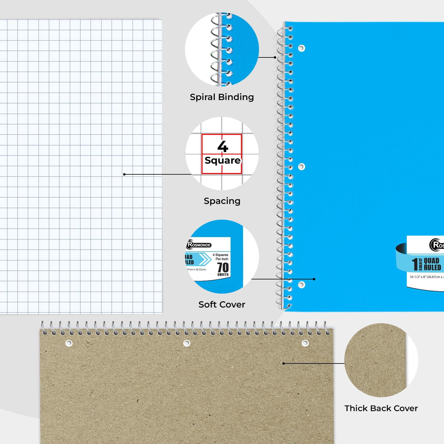 Rosmonde Bulk 1 Subject Spiral Notebook Graph Paper, 50 Pack, 140 Pages (70 Sheets), 8.5 x 10.5, Bulk 4x4 Grid Quad Ruled Spiral Notebook, 3 Hole Punched, Bulk Quad Ruled Graph Paper Spiral Notebooks
