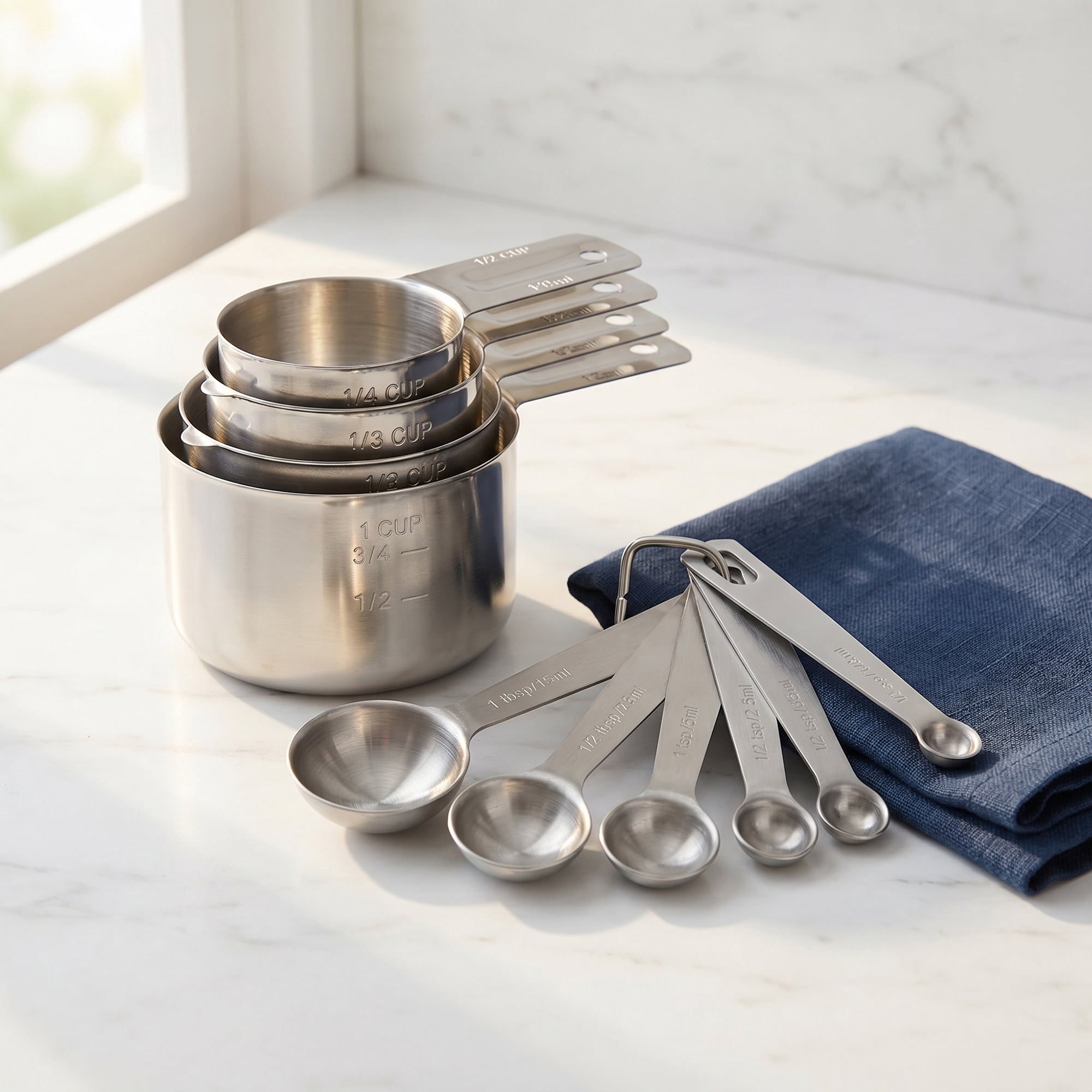 Unique Bargains Durable Stainless Steel Measuring Cups and Spoons Set Silver 10Pcs
