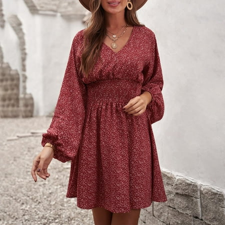 Ftwytp Women s Summer Printed Fashion Leisure Long Sleeve V-Neck Collar Dress Maxi Dress With Pockets Waist Dress Bustier Lingerie Corset Top Steampunk Skirt Wine